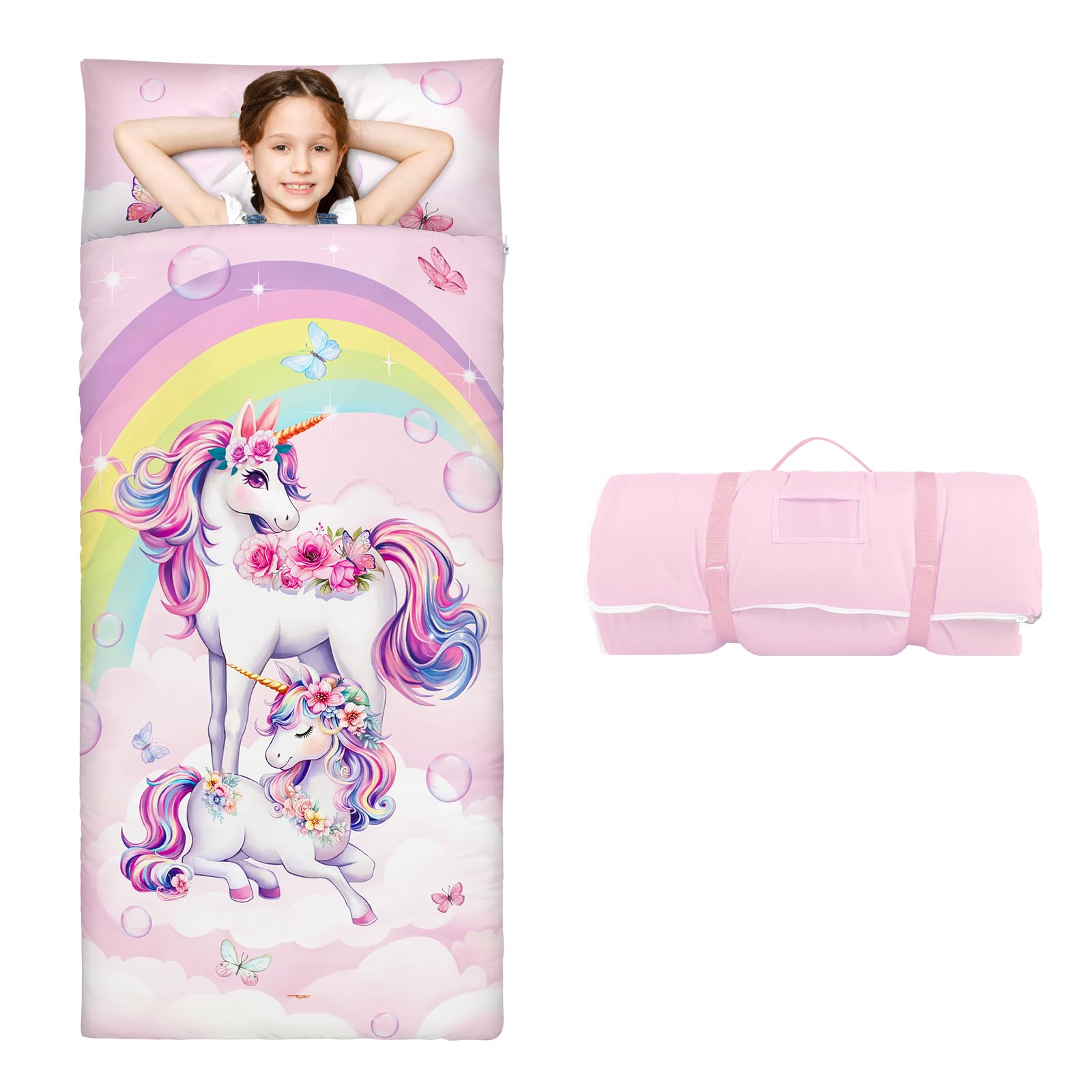 Tamaño Grande Saco de Dormir Infantil con Almohada Extraíble 170×75cm, Cálida Plegable Alfombrilla de Siesta para Niños y Niñas, Bolsa de Dormir con Cremallera para Camping Siesta