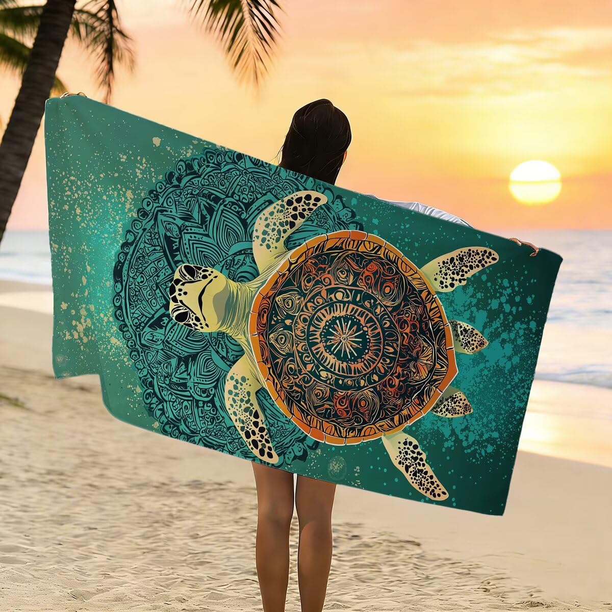Telo Mare Microfibra, Telo Mare Grande 90x200cm 2 Pezzi, Asciugamano Palestra Donna Asciugatura Rapida, Antisabbia Asciugamano Microfibra, Leggero Asciugamani Palestra per Regalo (Tartaruga) -4556