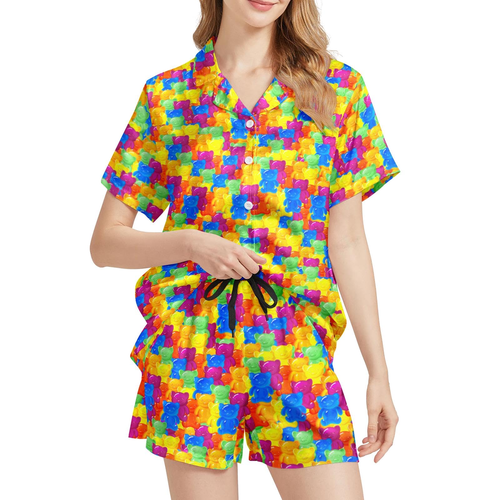 Funny Pajamas for Women Set Print Satin Loungewear Pjs Short Sleeve Button Down Top and Shorts Sets Sleepwear XS-3XL