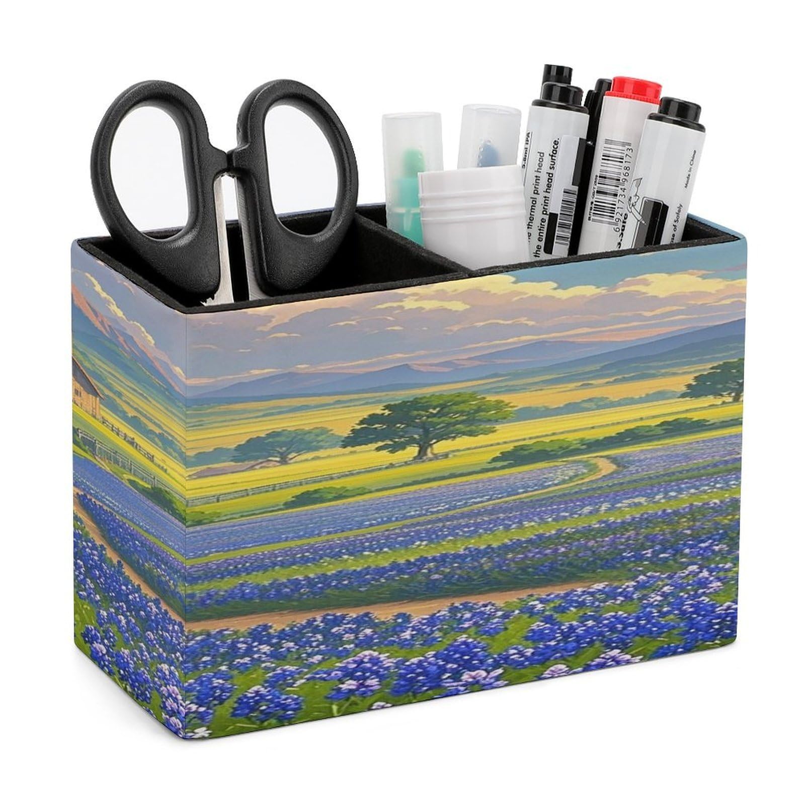FekiLoot Texas Bluebonnets Scenery Pen Holders for Desk Small Remote Control Holder Leather Pencil Cup with Double Compartments Desktop Organizer for Table Desk Office Space Saving