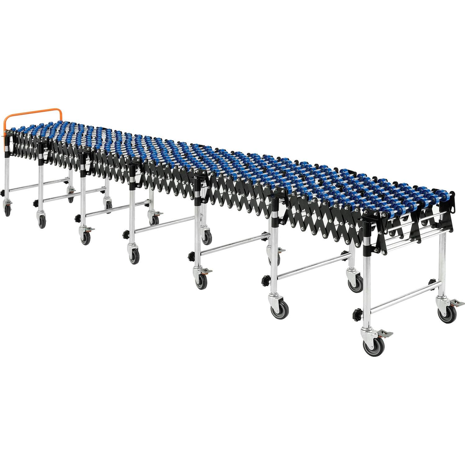 Global Industrial 18"W Portable Flexible & Expandable Conveyor with Nylon Skate Wheels, 175 Lbs. Per Foot Capacity, 6'2" to 24'8"L, Telescopic Legs, 4" Casters