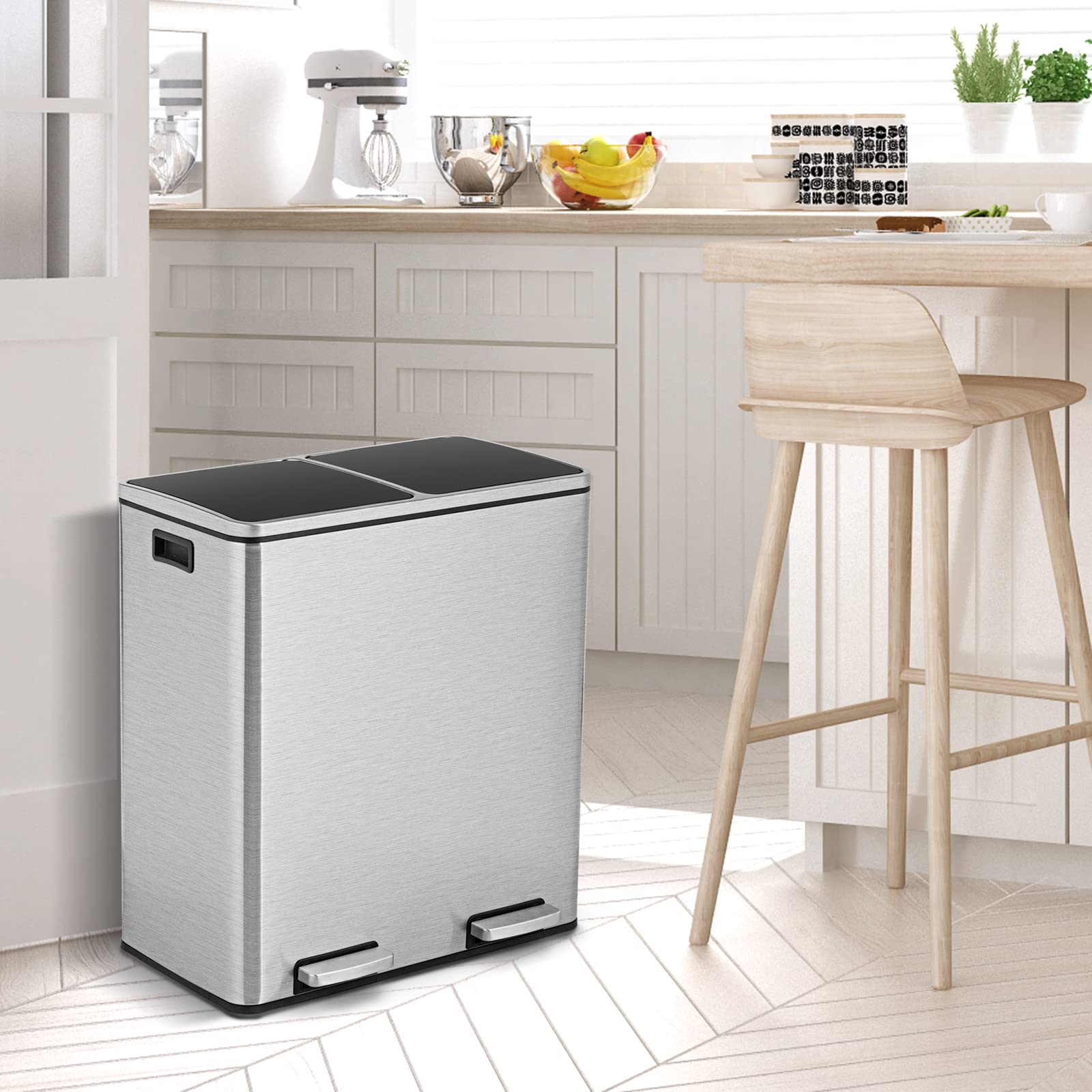 COSTWAY Cubo de Basura de 60 L, 2 x 30 L, Papelera de Basura Reciclaje de Acero Inoxidable con Compartimentos 2, Pedal, Cubos Internos de Plástico y Tapas con Bisagras, Manijas, Cierre Suave