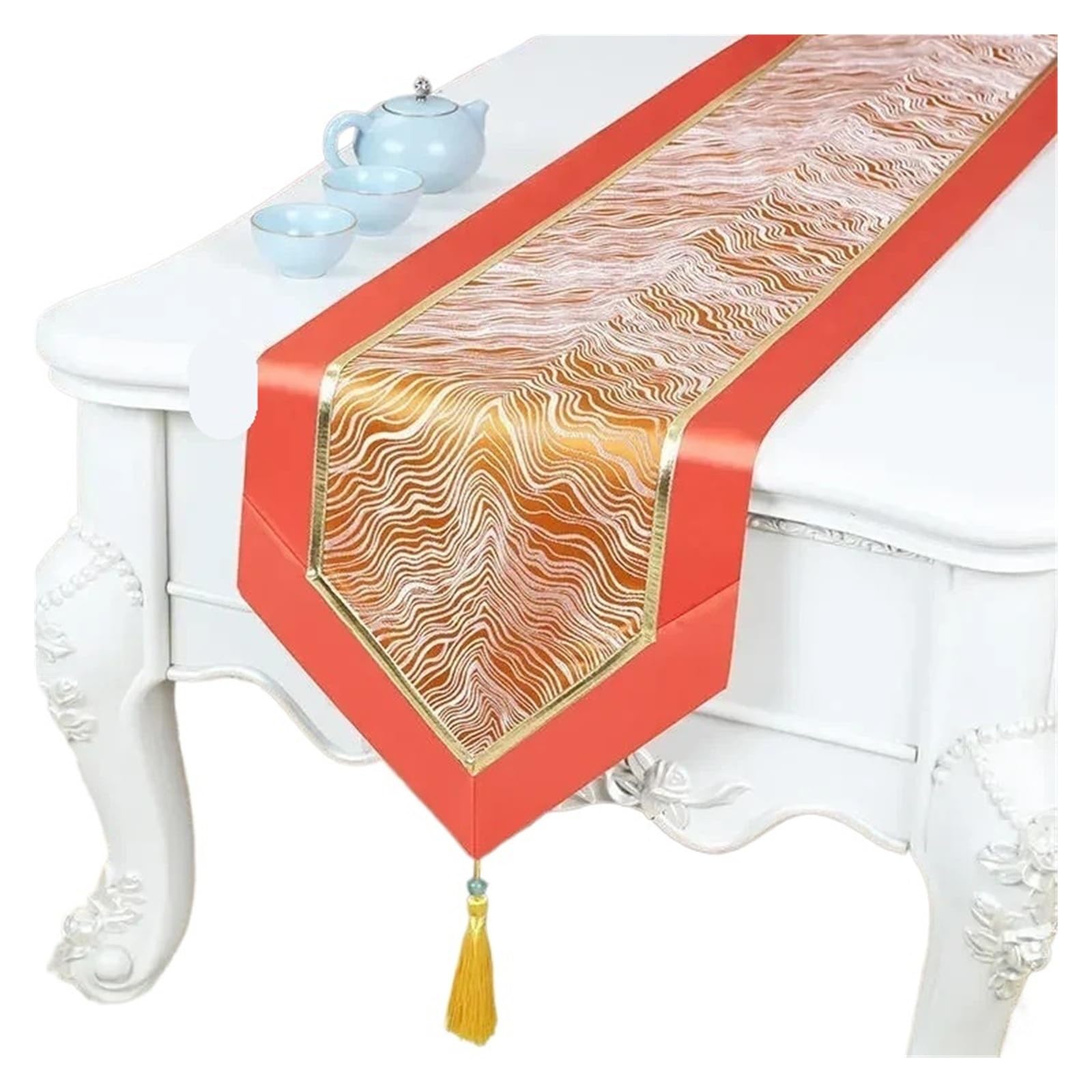 Satin Table Runners Golden Wave Pattern Table Flag European Satin Tassel Coffee Long Towel Cabinet Wedding Celebration Decorative Tablecloth(Color12,33x120cm 1pcs)
