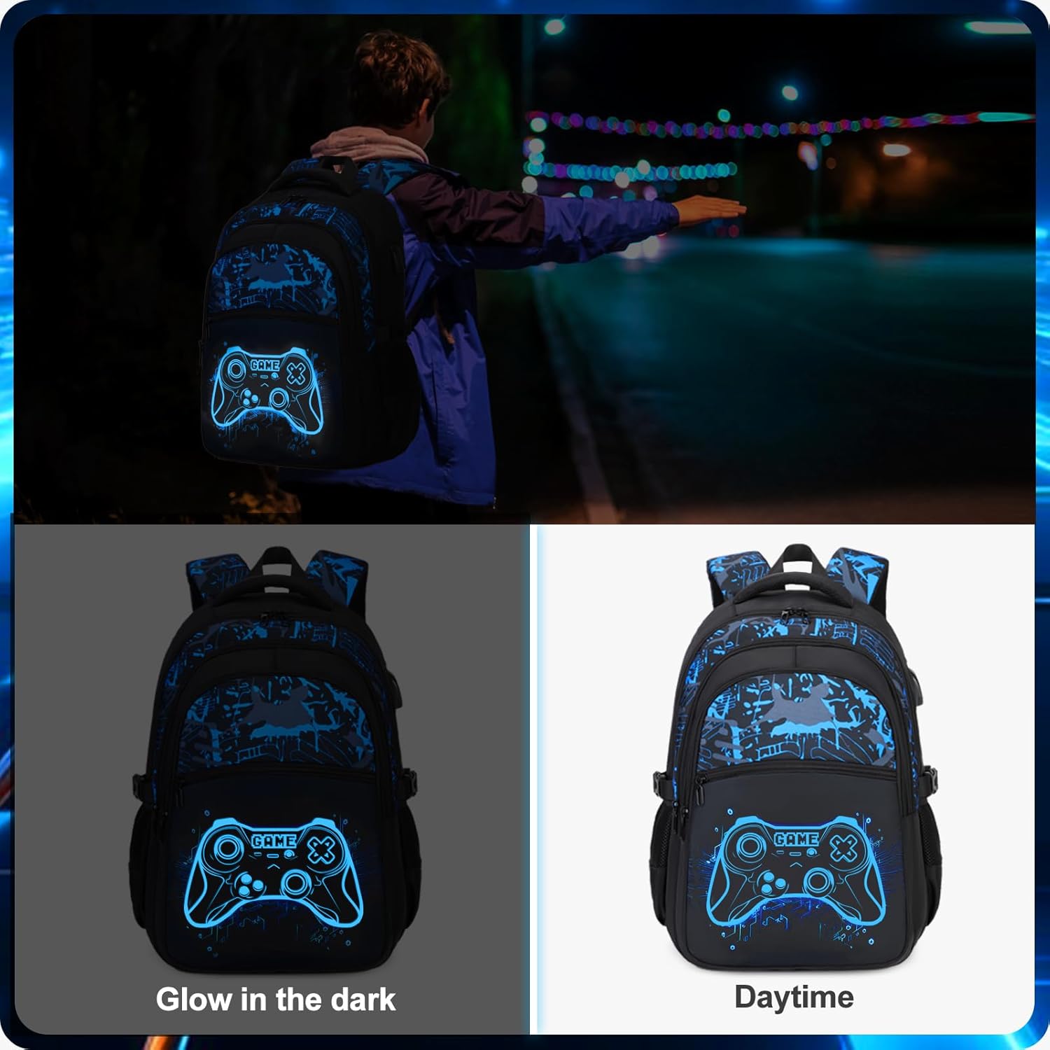 DIGOBAY Boys Backpack for School, 3PCS Cool Luminous Gamer Backpack for Boys with Lunch Box Pencil Case, Kids Backpacks Bookbag for Teen Boy Elementary Middle High School with USB Charging Port