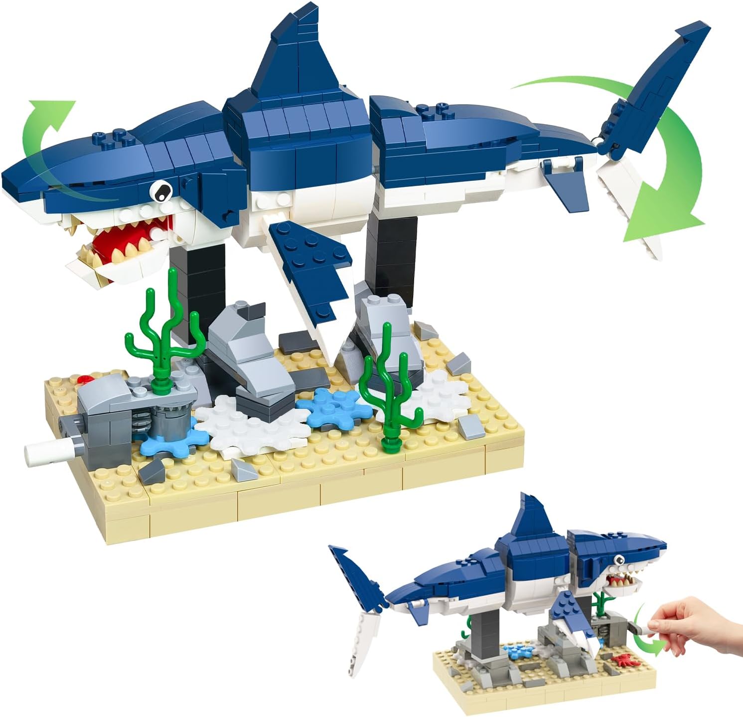 Shark Building Block Set with Rotating Display Stand, Swimming Ocean Animal Model, Compatible with Lego 630 Accessory, Creative Home Decor, Easter, Birthday Gift for Adults, Teens, Kids, 4+, 369Pcs