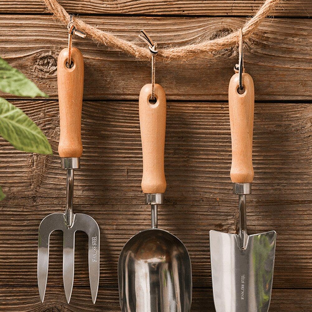 Hrippy 3 Pezzi Kit di Attrezzi Giardinaggio, Utensili Bonsai Rastrellati Giardino Impostare Manico in Legno per Fiori in