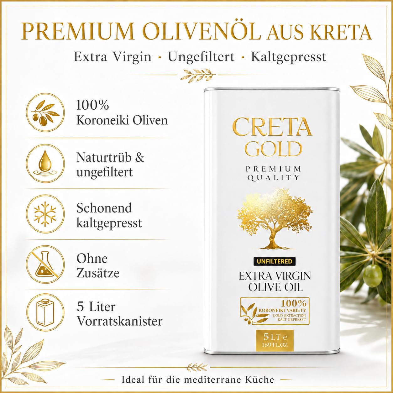 Olivenöl Kreta Kanister 5 Liter | Extra Virgin Olive Oil - Griechisches Olivenöl Kaltgepresst - 100% Koroneiki Oliven - Ungefiltert & Naturtrüb - Ohne Zusätze