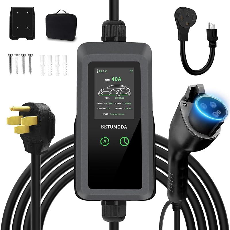 Carregador para Veículo Elétrico Level 2 BETUMODA 40 A 240 V 9,6 kW com Cabo de 7,6 m e Display LED