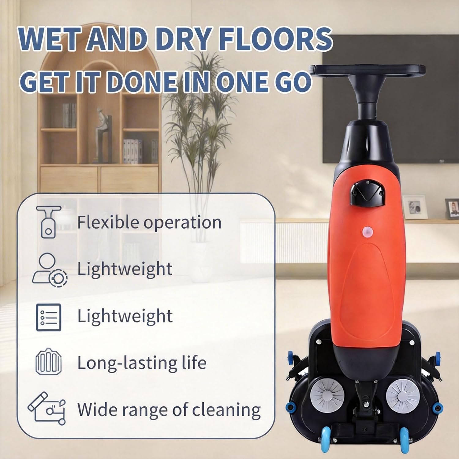 17" Commercial Floor Scrubber Machine, Heavy Duty Floor Buffer Polisher and Cleaner with 360° Rotating Brushes, 13000 Sqft/H Coverage, for Large Areas