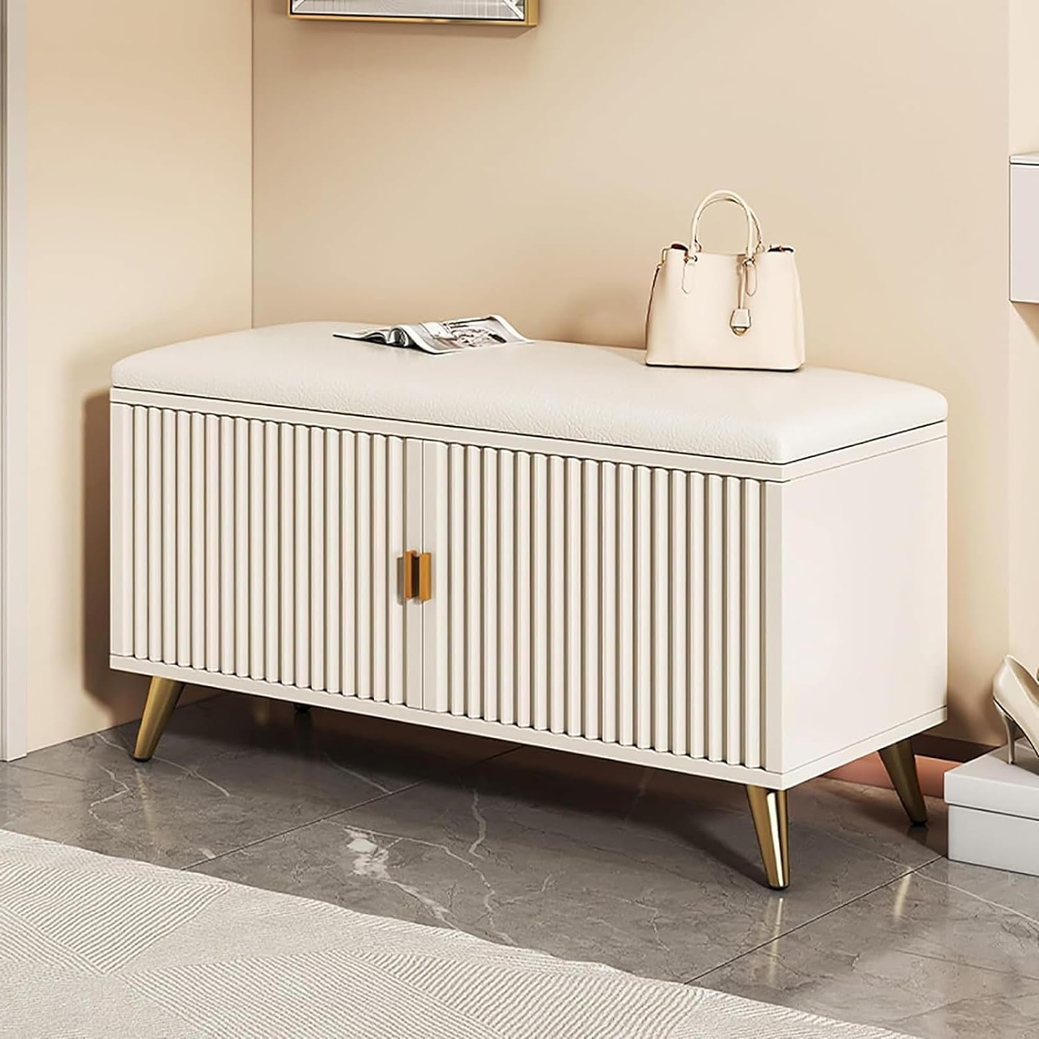 MSHGSKU Hallway Shoe Bench with Door Wooden Shoe Rack Storage nizer with Padded Seat Cushion Entryway Shoe Storage Bench White Gold 60x30x50cm