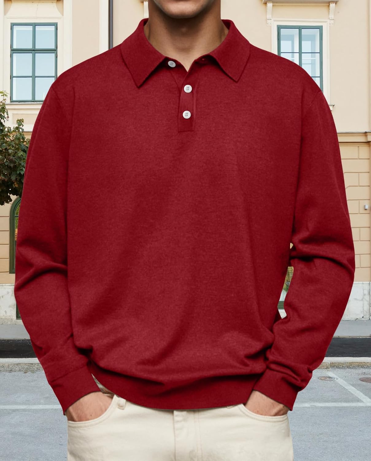 BIVENANT Red Knit Polo Sweatershirt for Men Basic Solid Color Button Collared Long Sleeve Fall Winter Oversize Top