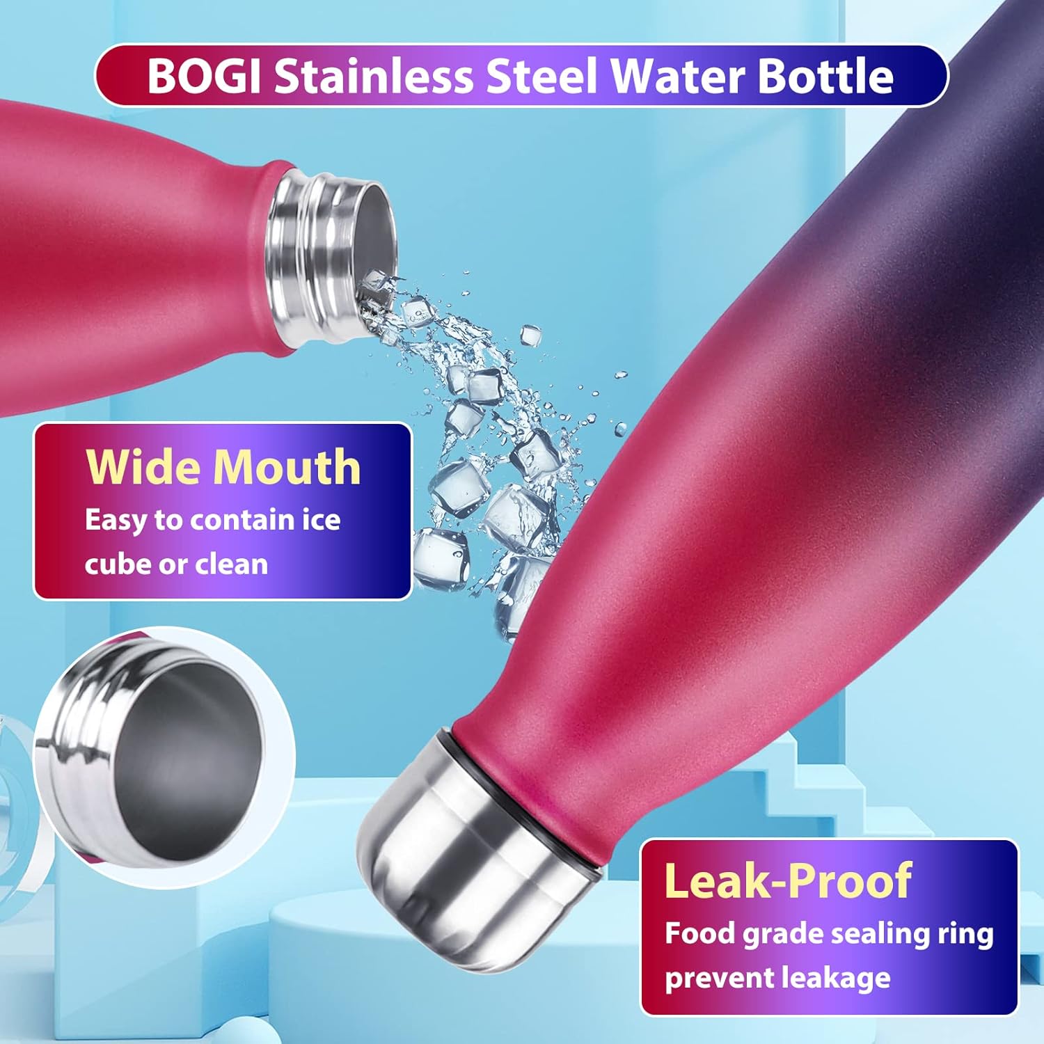 BOGI Insulated Water Bottle, 17oz Stainless Steel Water Bottles, Leak Proof Sports Metal Water Bottles Keep Cold for 24 Hours and Hot for 12 Hours BPA Free kids water bottle for School (DBlue Red) - Image 5