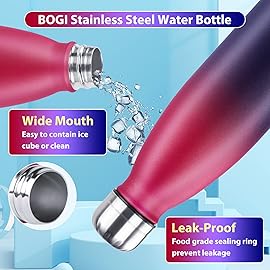 BOGI Insulated Water Bottle, 17oz Stainless Steel Water Bottles, Leak Proof Sports Metal Water Bottles Keep Cold for 24 Hours and Hot for 12 Hours BPA Free kids water bottle for School (DBlue Red)