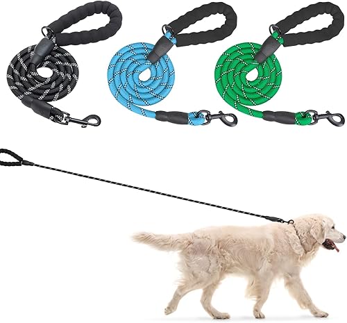 BEAUTYZOO Paquete de 3 correas de cuerda resistente para perros, correa de nailon para mascotas de 6 pies con hilo reflectante, mango acolchado