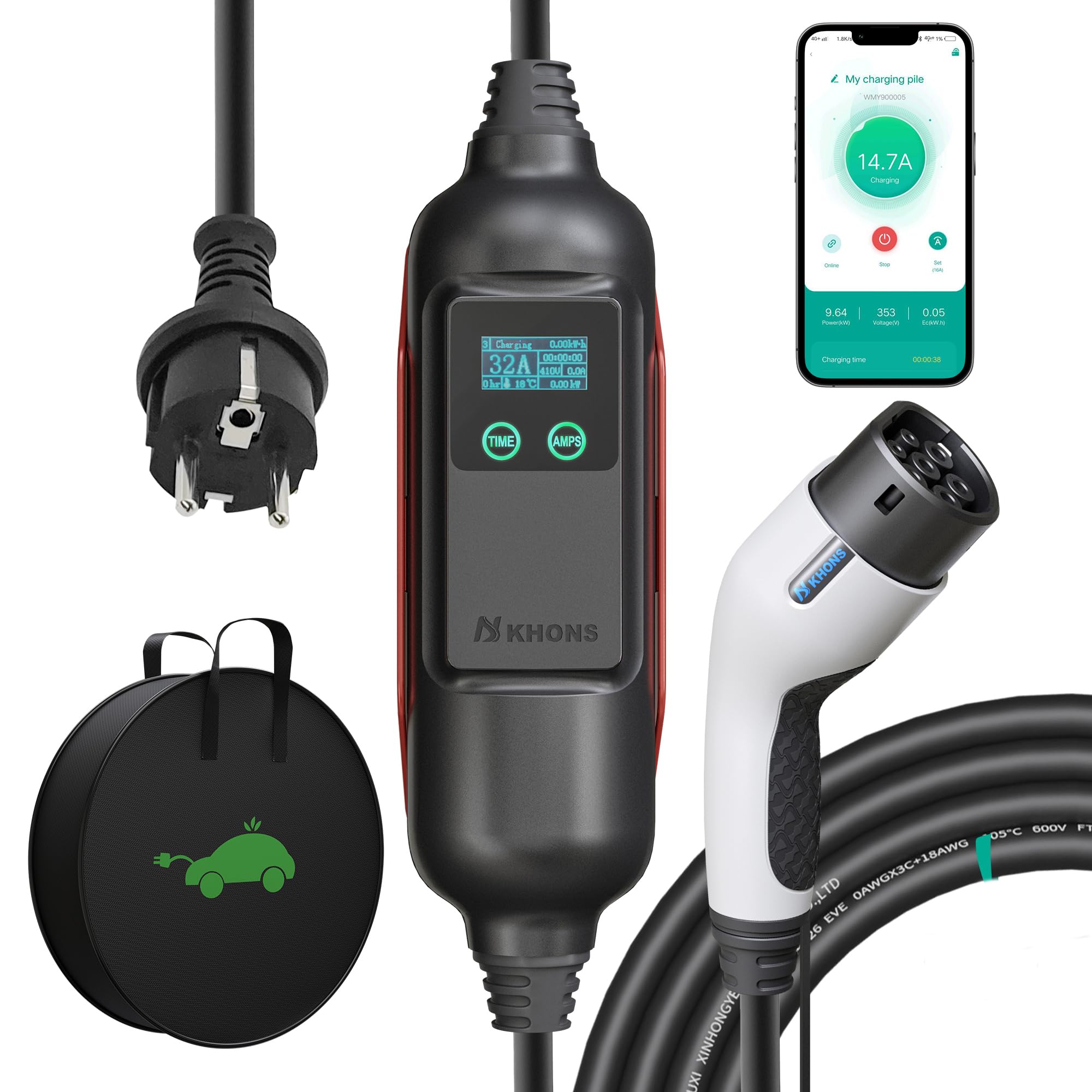 Wallbox 3.7 kW Single-Phase 6-16A Type 2 Charging Cable with Schuko Plug, IP65 Mobile Wallbox Charging Station for Electric Car, App Control, Portable EV Charging Station for IEC 62196-2 (6
