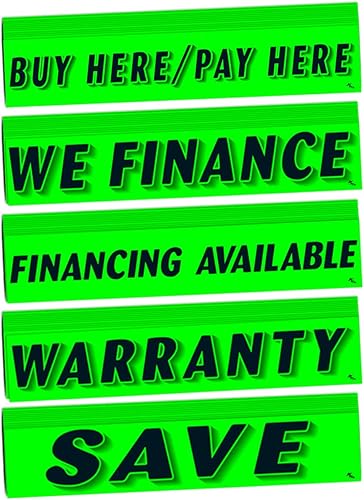 Versa Tags - Paquete de 12 calcomanías con eslogan para parabrisas, paquete de 12 unidades de compra aquí paga aquí, financiamos y financiamos