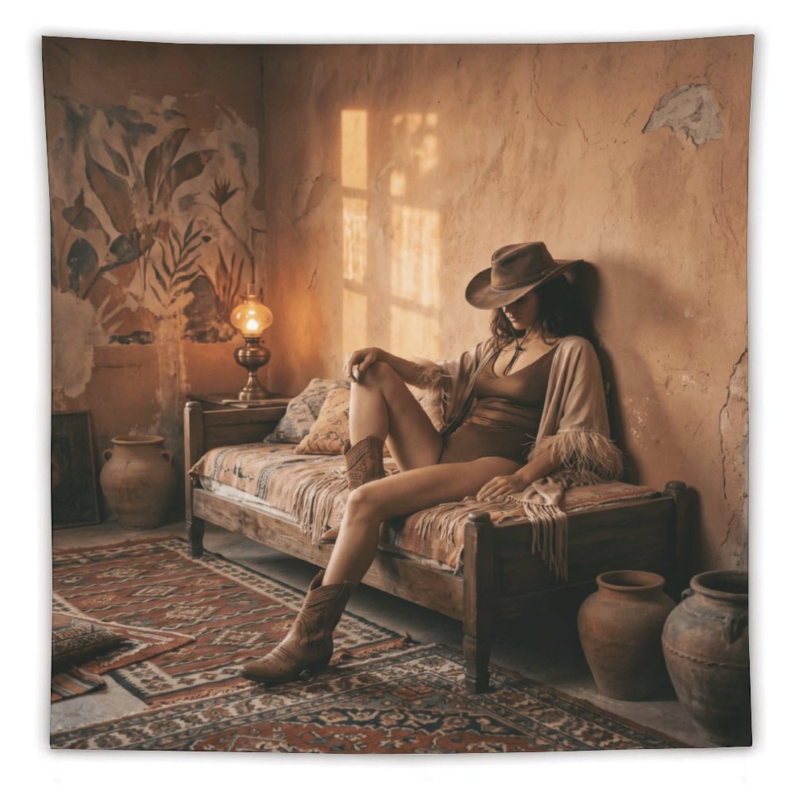 Boho Cowgirl Lounge Wall Tapestry, Oil Painting, Cactus Desert Mood