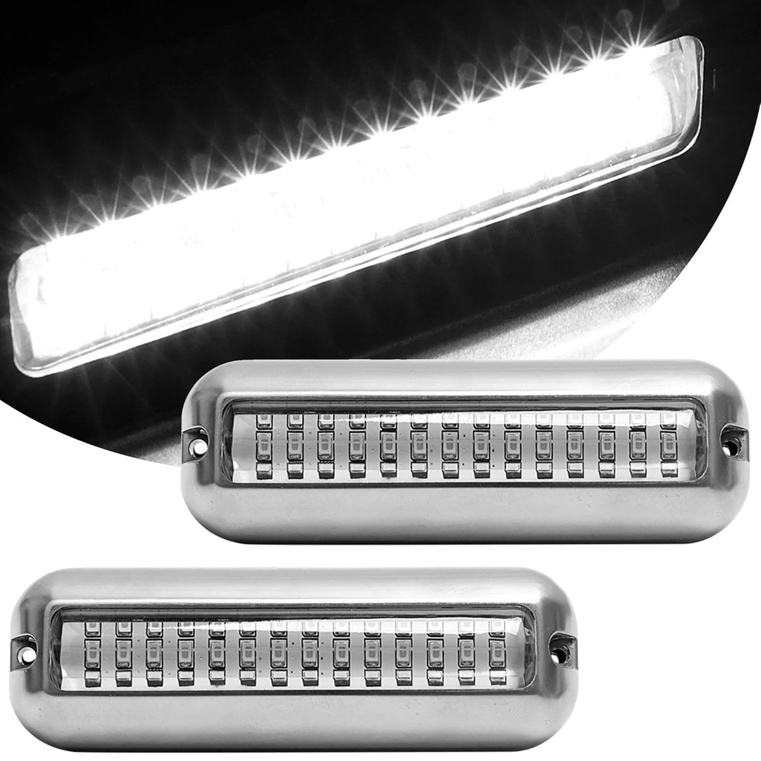 Greluma 2 Pcs Éclairage sous-marin à 42LED pour bateau,DC 10-30 V, éclairage de ponton marin,éclairage de tableau arrière,éclairage de pont de bateau en acier inoxydable étanche IP68-Lumière blanche
