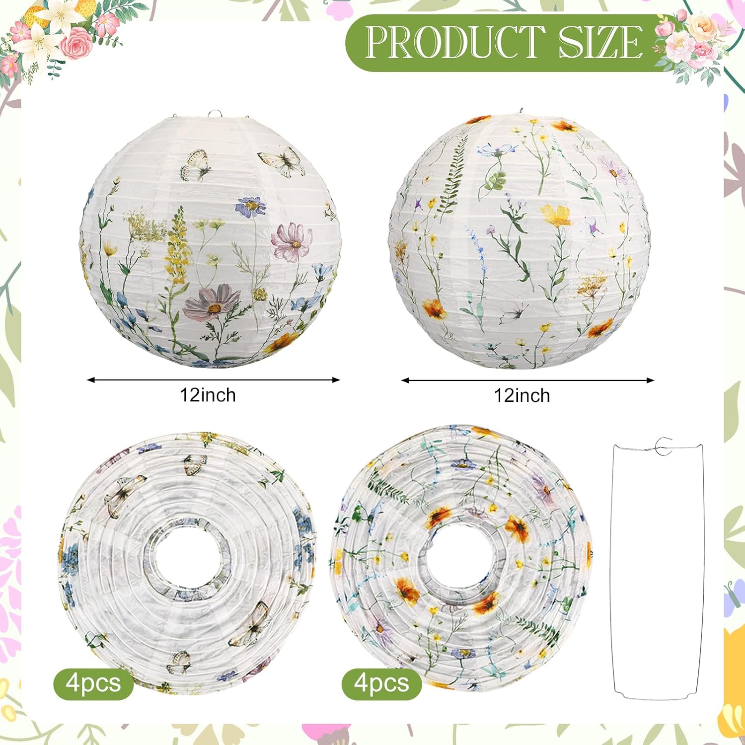 Baquler 8 Pcs Wildflower Paper Lanterns Party Decorations Watercolor Floral Hanging Lanterns 12 Inch 2 Styles for Summer Baby in Bloom Tea Baby Shower Bridal Shower Wedding Garden Birthday Party Decor