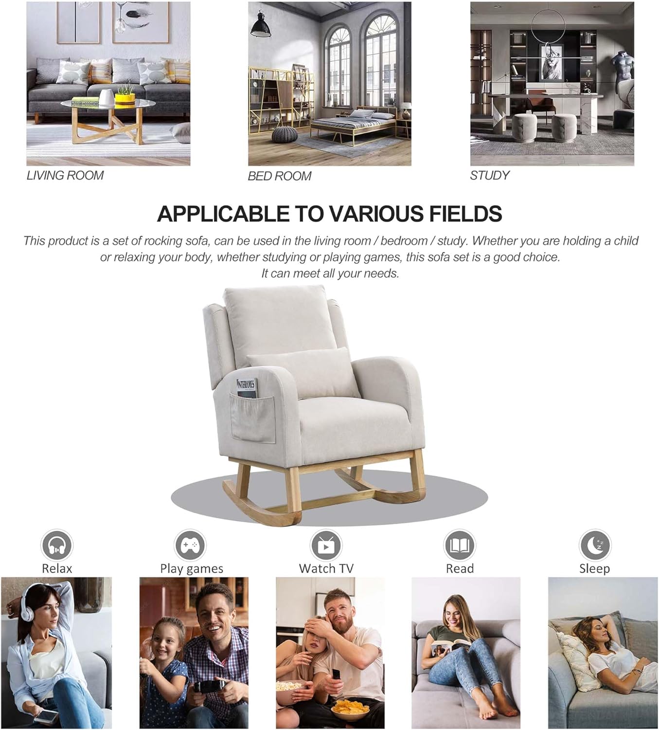 Modern Nursery Rocking Chair - Teddy Fabric Glider Rocker with High Backrest & Side Pockets, Wide Upholstered Accent Chair for Small Spaces, 250lbs Capacity Indoor, Living Room, Bedroom (Beige)