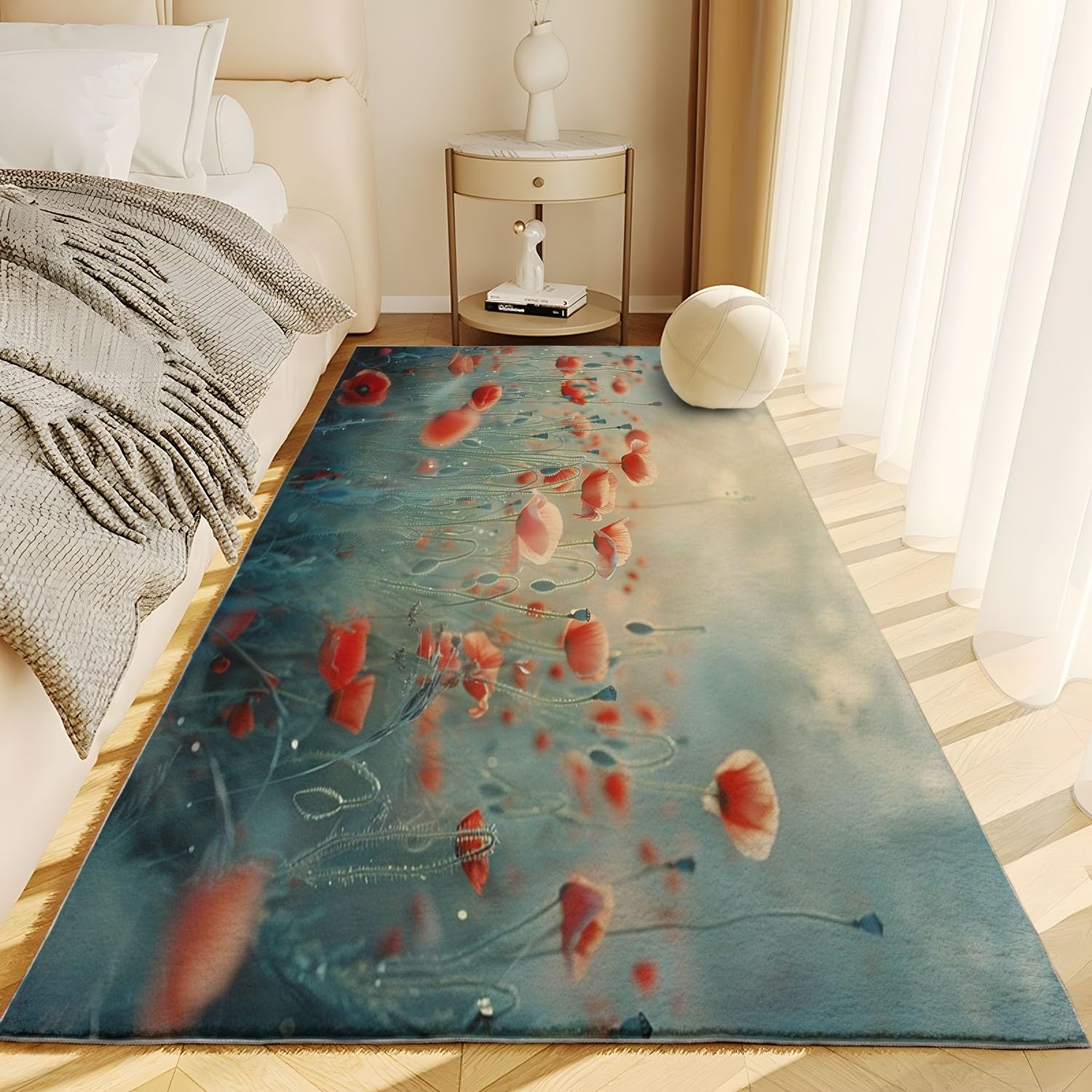 Tapis Salon imprimé Vert Sauge 160 x 230 cm, Tapis Chambre d'enfants Lavable - Coureur Chambre Floral thème Fleur de Pavot Plante Vert Sauge pour Salle à Manger Bureau Coureur antidérapant