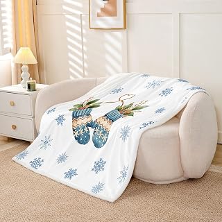 Manfei Watercolor Knit Mitten Plush Throw Blanket for Sofa Couch | Winter Berry Snowflake Flannel Fleece Blanket for Kids Boys Girls,Xmas Gifts Bed Blankets Room Decor 40"x50",Beige Blue