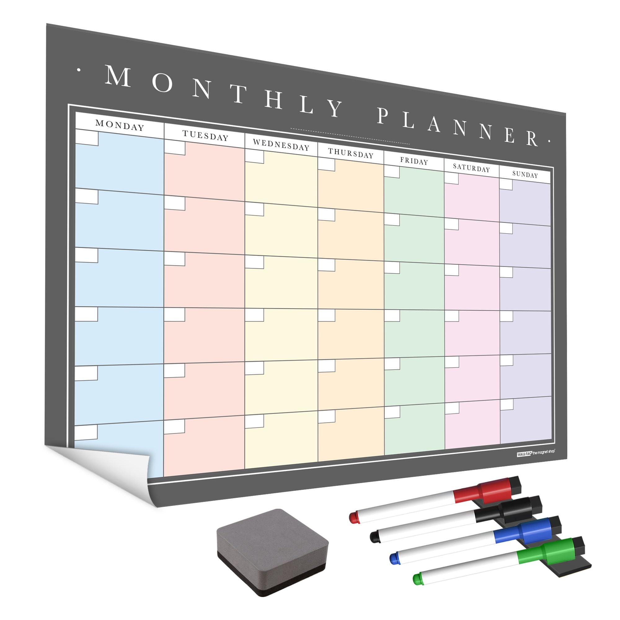 WallTAC A2 Monthly Wall Planner Sticker with Whiteboard Pens | Made in the UK | Removable Dry Erase Calendar with Reusable Adhesive | Family Meal Planner or to Do List for Home and Office
