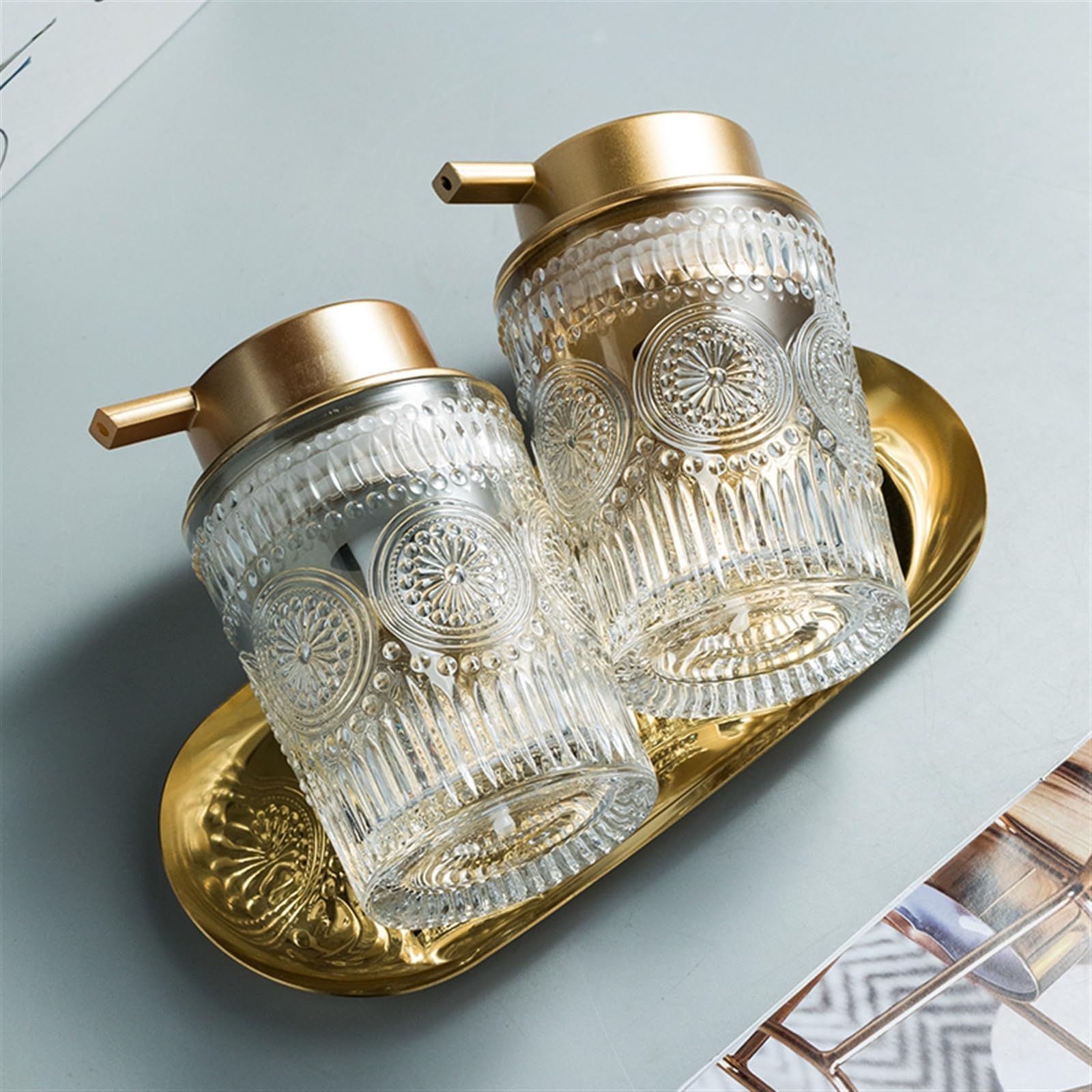 Dispenser Sapone Dispenser Di Sapone Confezione Da 2, Dispenser Di Sapone for Le Mani In Vetro Spesso Dal Design Antico Con Vassoio Robusto Dorato, Dispenser Di Sapone In Vetro for Cucina, Bagno Sapon