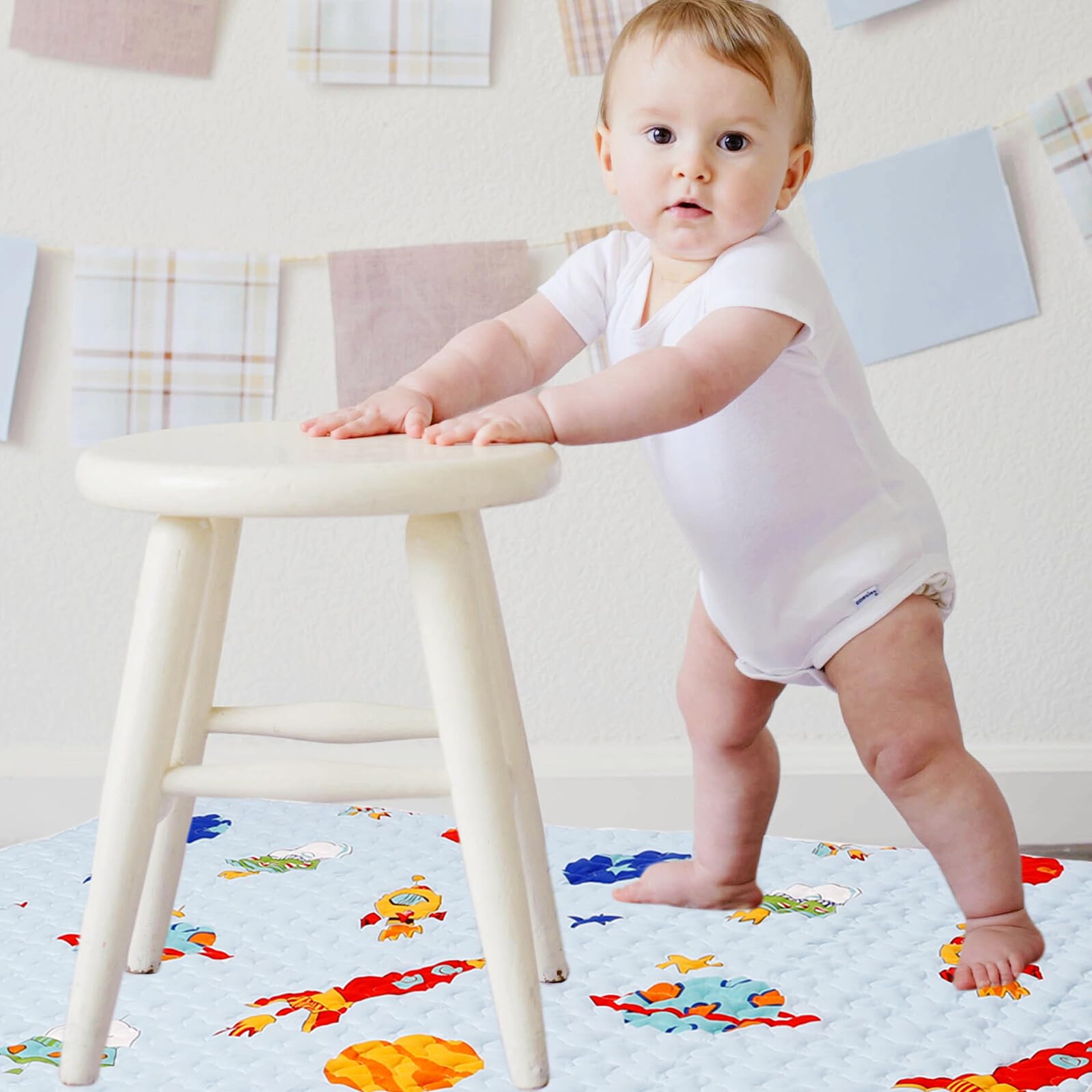BESPORTBLE Tapis D’éveil Antidérapant Et Anti-éclaboussures Pour Bébé, Taille 100x130 Cm, Coton Bleu, Protection De Sol Sous Chaise Haute Pour Activités Et Jeux D’éveil Des Nourrissons