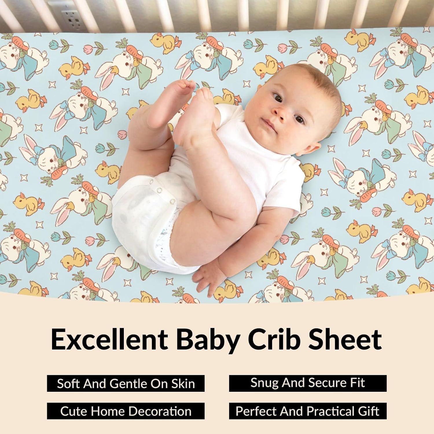 Vintage Easter Bunny Floral Baby Boys Girls Crib Sheets Cute Easter Rabbit Yellow Ducks Baby Sheets Spring Garden Fitted Crib Mattress Cover for Standard Crib & Toddler Bed Mattresses 28x52in