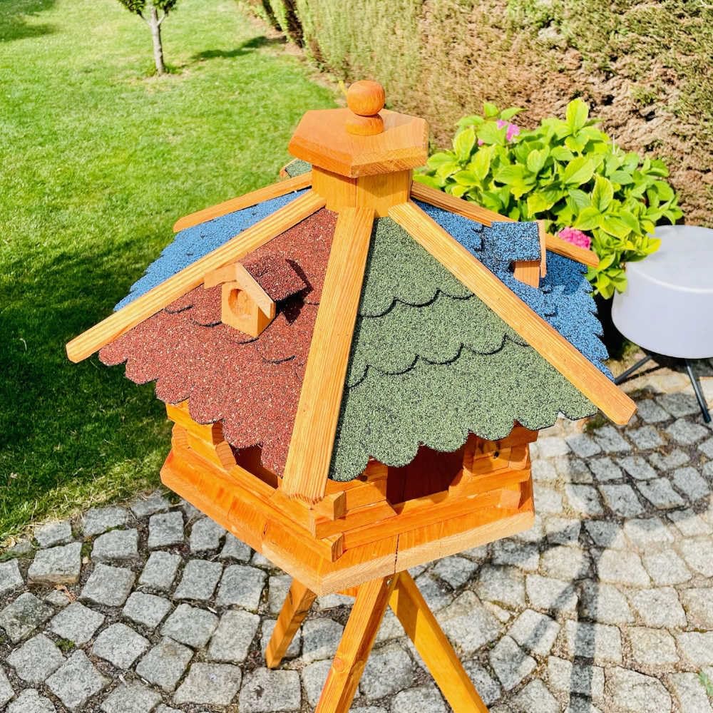 Comedero para pájaros hecho a mano, tamaño XL, hexagonal, de madera, multicolor, marrón/azul