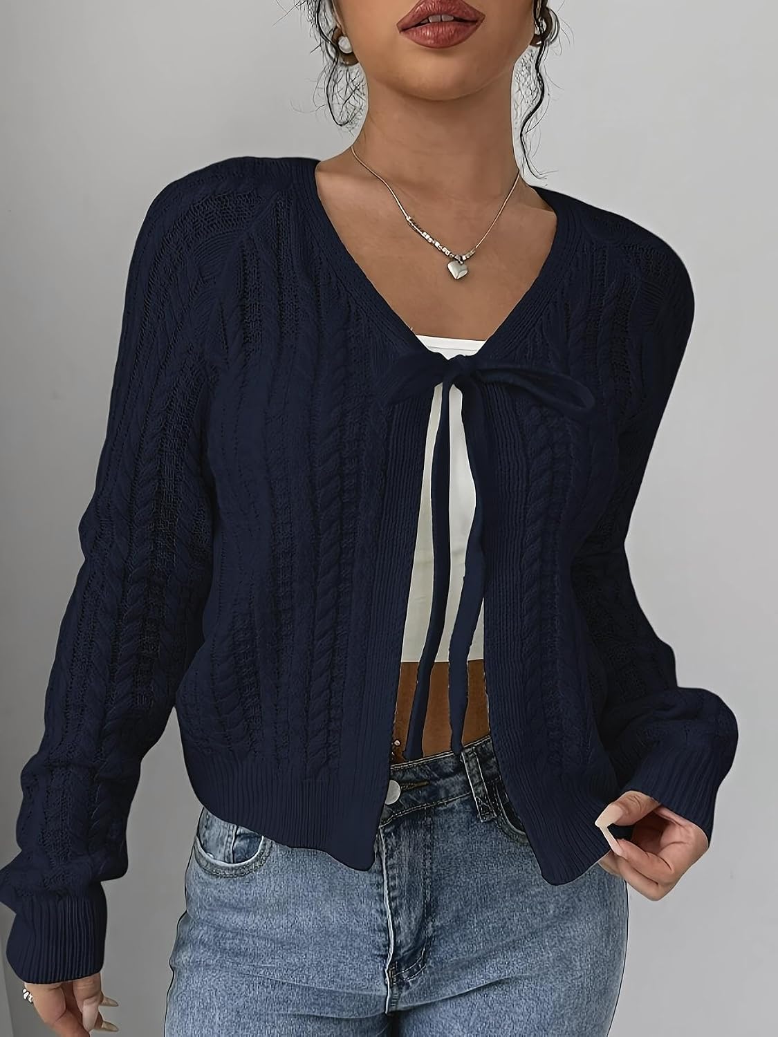 Women's Cable Knit Cardigan Sweater, Navy Blue, Long Sleeve, V-Neck, Cropped Style, Casual Wear