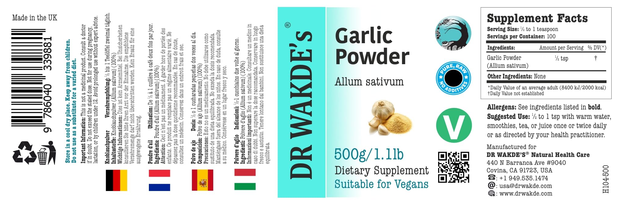 DR WAKDE'S Knoblauchpulver - 1 kg (2.2lb) | Rein, Raw & Getrocknetes Pulver | Ayurveda-Kräuter | Vegan | Nichts hinzugefügt, nichts entfernt | Am selben Tag Versand