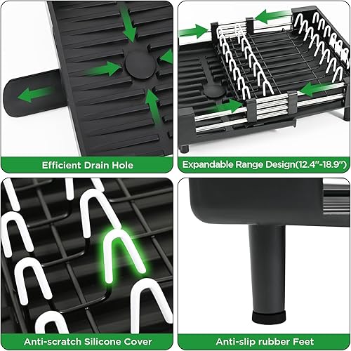 Miniatura 4 de Ollieroo Escurridor de platos, resistente al óxido para encimera de cocina con soporte extraíble para utensilios, ranuras para cuchillos y soporte