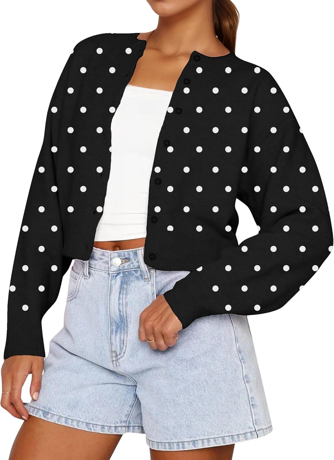 BAIGRAM Women Button Down Open Front Polka Dot Crop Cardigan Sweater Cute Long Sleeve Y2K Preppy Knit Pullover Fall Outfits