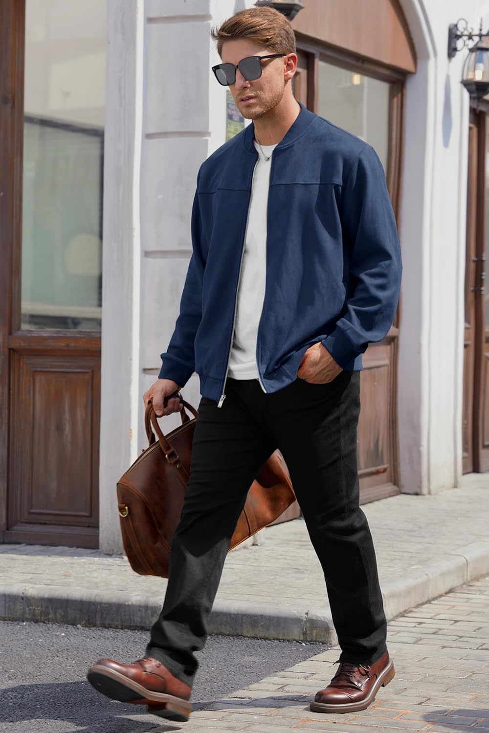 Men’s Bomber Jacket Faux Suede Midweight Casual Full-Zip Flight Coat (S-XXL)