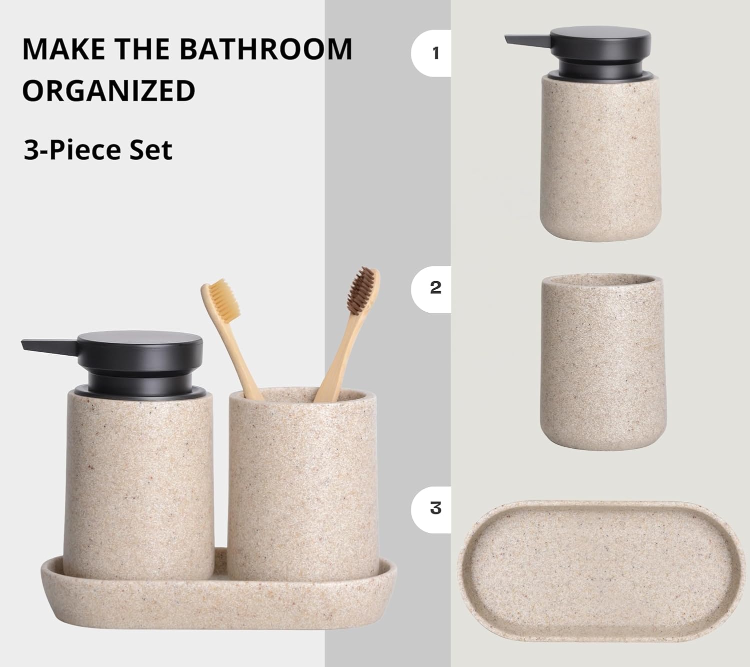 Clasin Home 3 Pcs Bathroom Accessories Set, Liquid Soap Dispenser with Large Pump, Toothbrush Holder Cup and Soap Dish, Sandstone Texture Bathroom Counter Set for Modern Home (Beige)