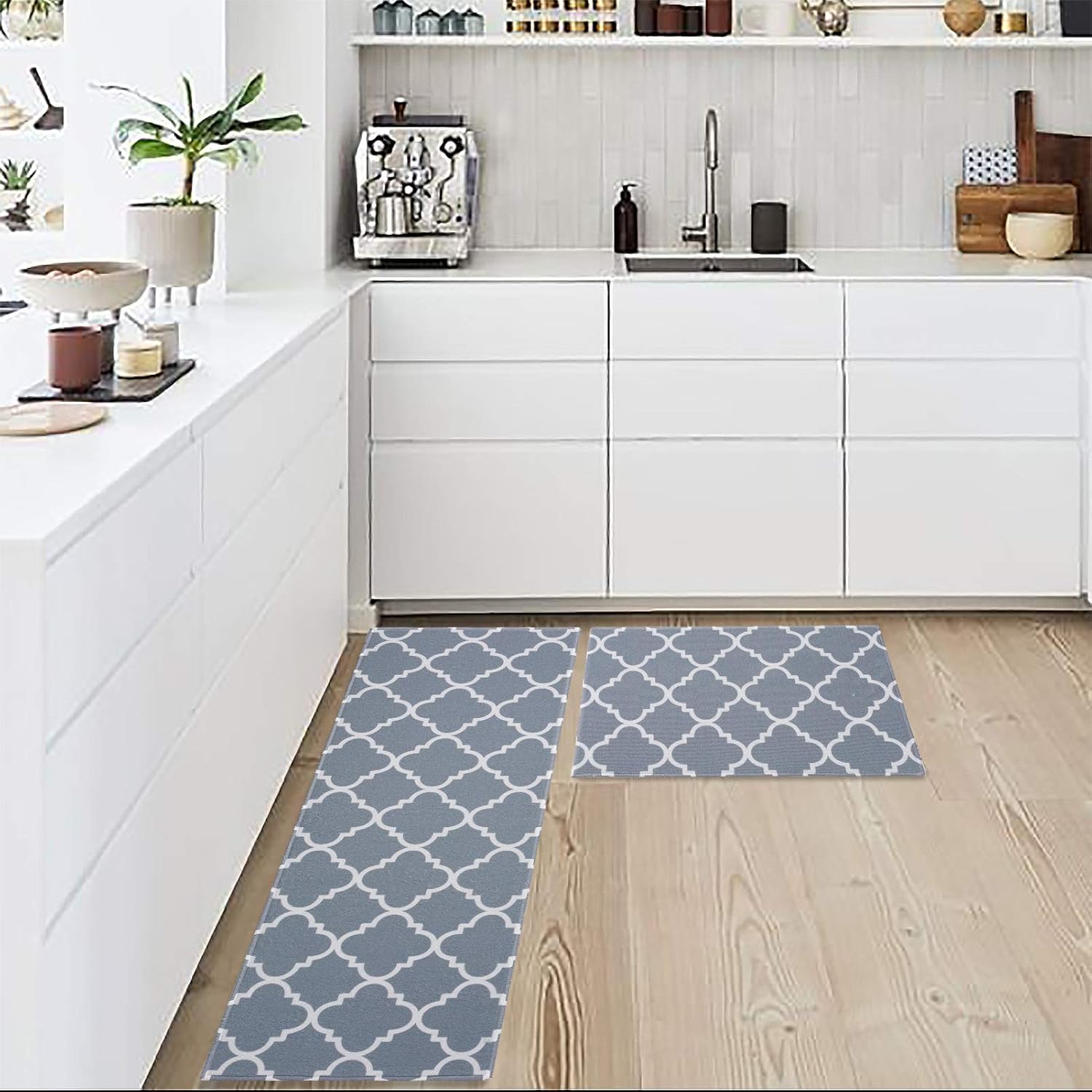 TWINRUN Kitchen Rug Sets,Non Slip Kitchen Mats for Floor,Runner Carpet Set for Dining Room,Morocco Pattern, Grey