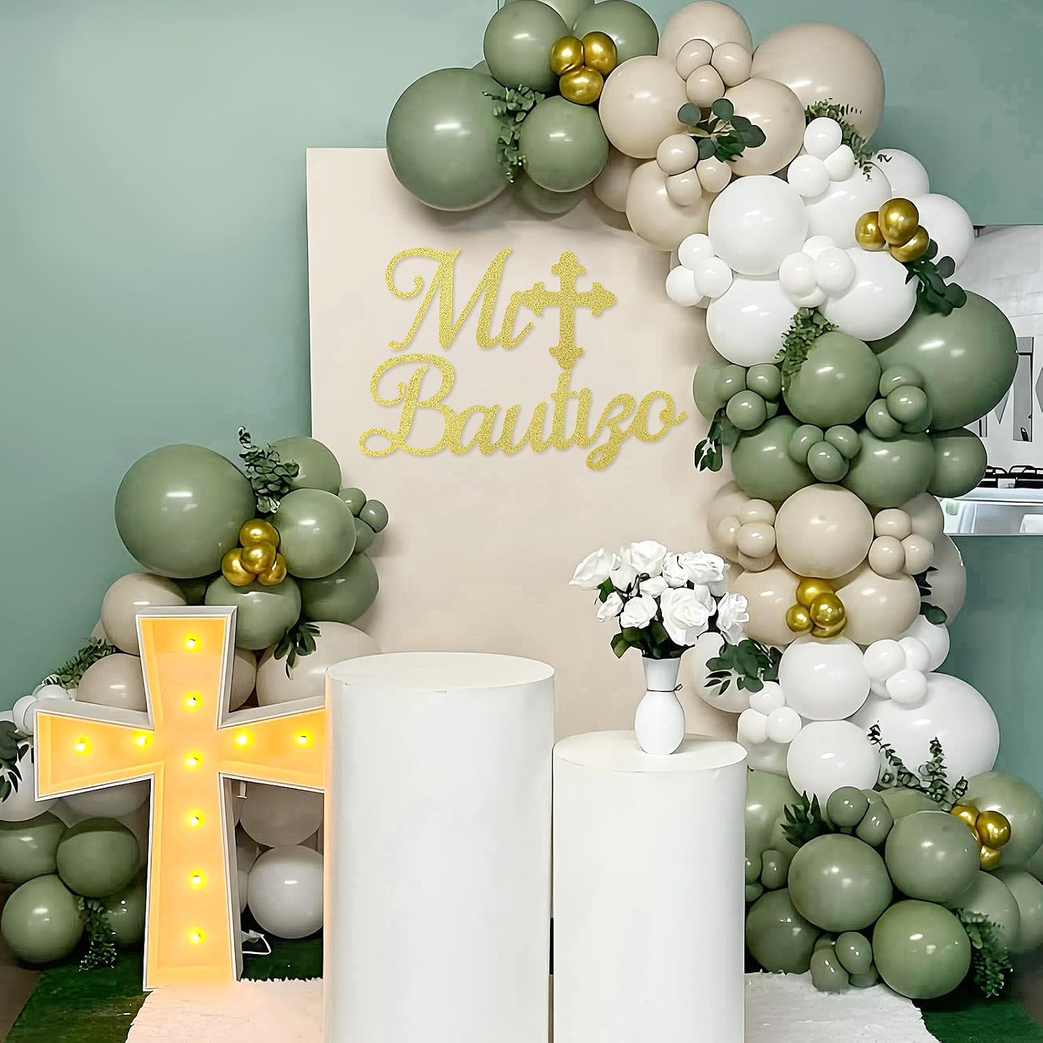 Mi Bautizo Sign for Backdrop - Glitter Gold Felt Mi Bautizo Baby Baptism Religious Decal Decorations Comuniòn Party Backdrop Sign, God Bless First Holy Communion Party Wall Decor
