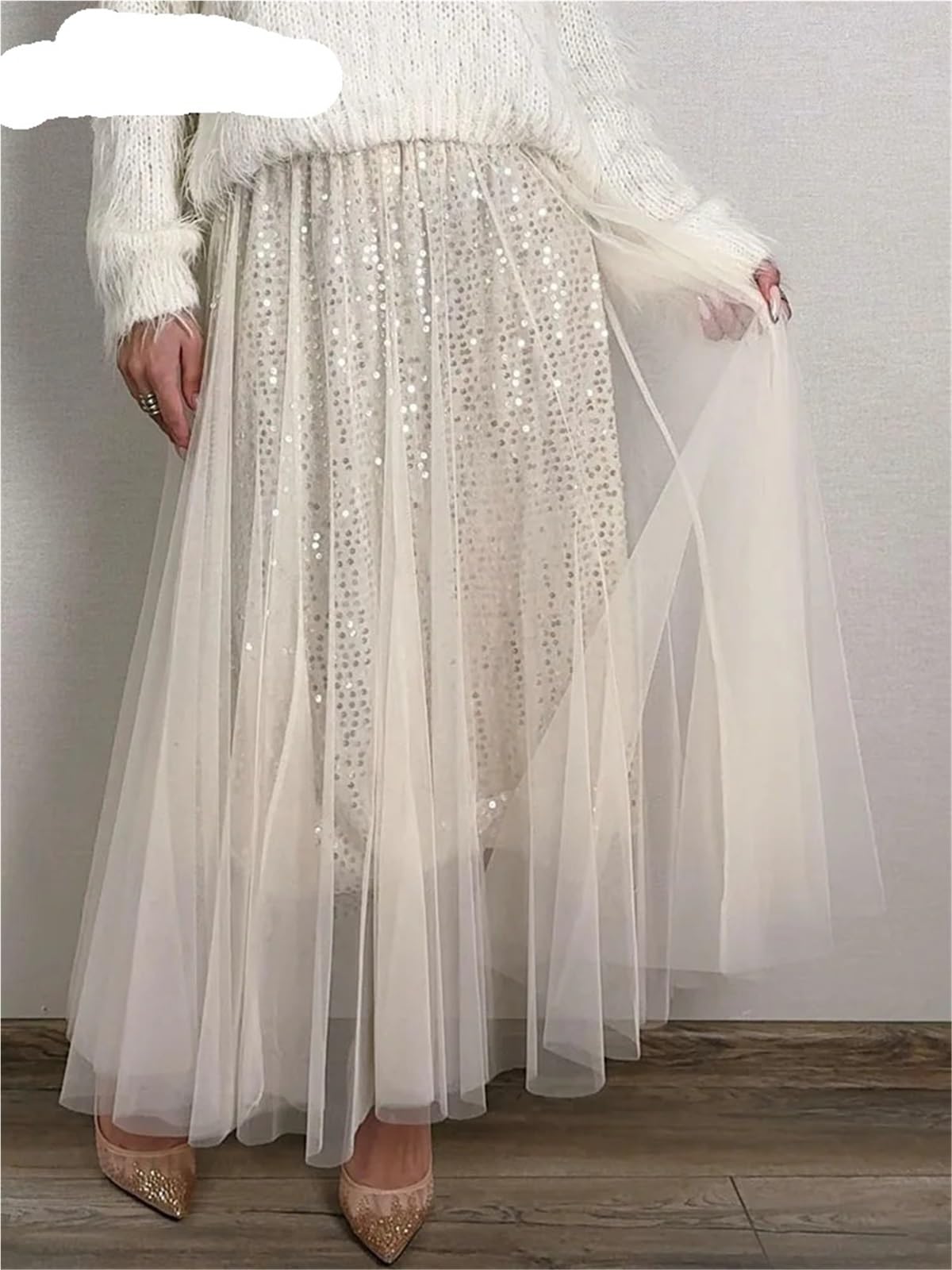 Gonne con paillettes a rete da donna lunghe a vita alta in tulle midi nero | Gonne Gonna lunga in tulle nera a vita alta con paillettes for donna Gonna torta con volant