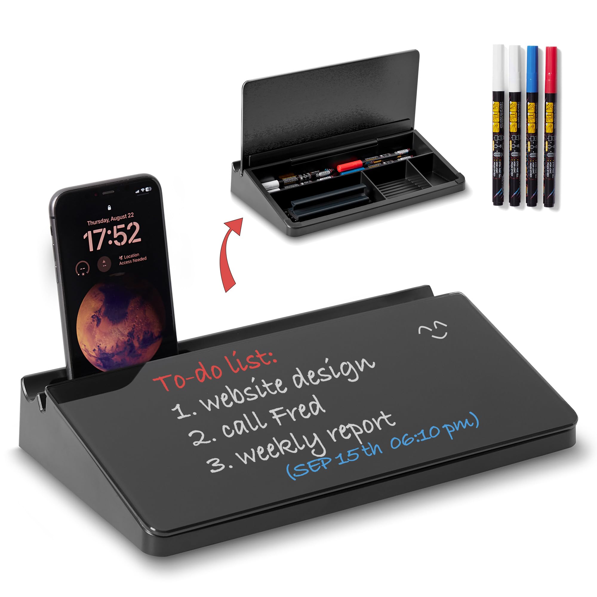 Glass Desktop Whiteboard with Storage 12"x6.5", Black Glass Desk Dry Erase Board Writing Board w. 4 Liquid Chalk Markers,1 Eraser Monitor Memo Board, Home Office Essentials