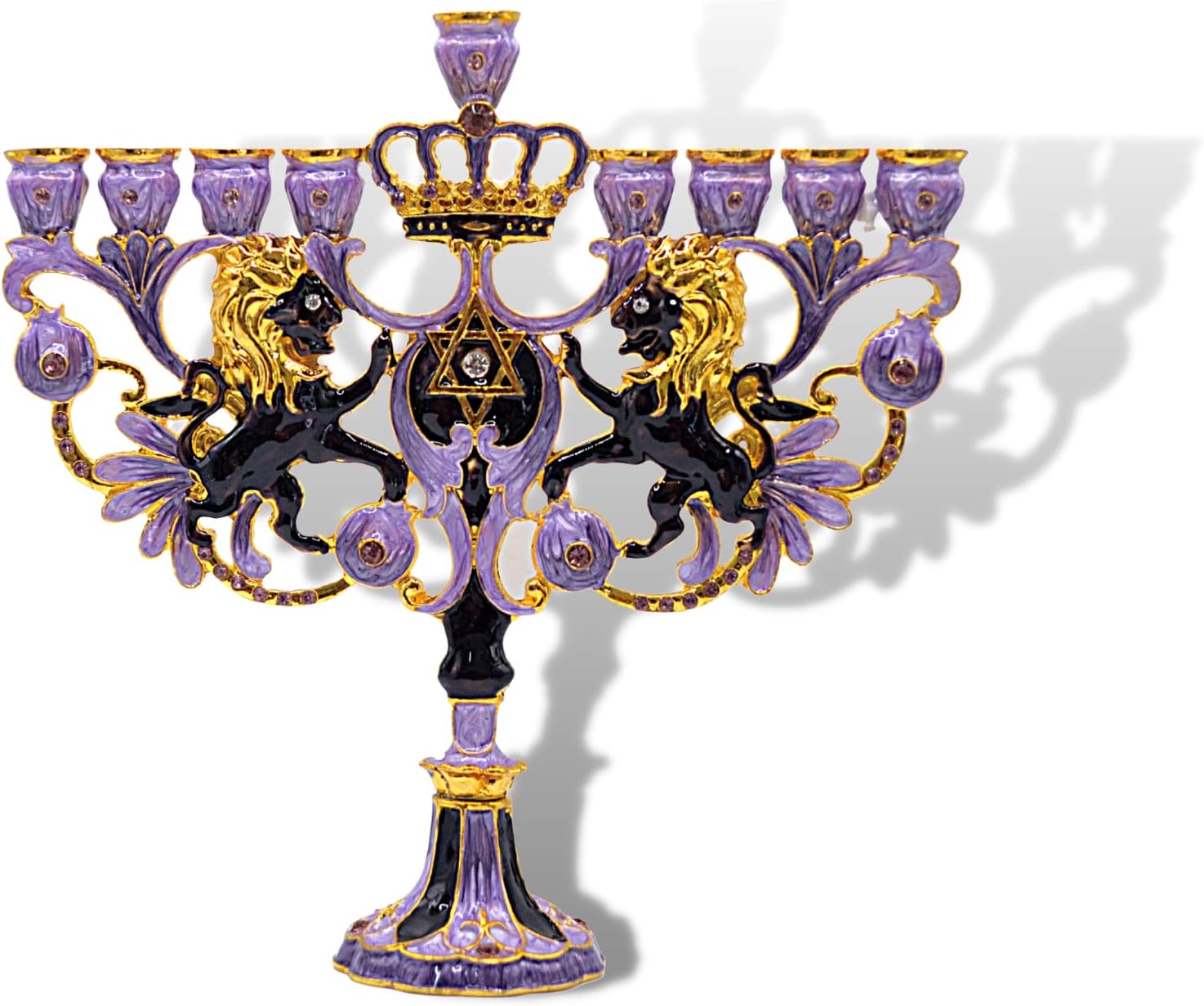 CohenTsemach Art&Gift Purple Hanukkah Menorah Enamel Lions Star of David Israel