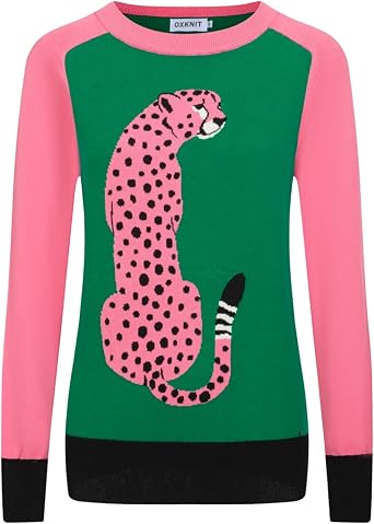 OXKnit Womens Knitted Long Sleeve T-Shirts, 1960s Mod Style Retro Pink Green Casual Cotton Tops