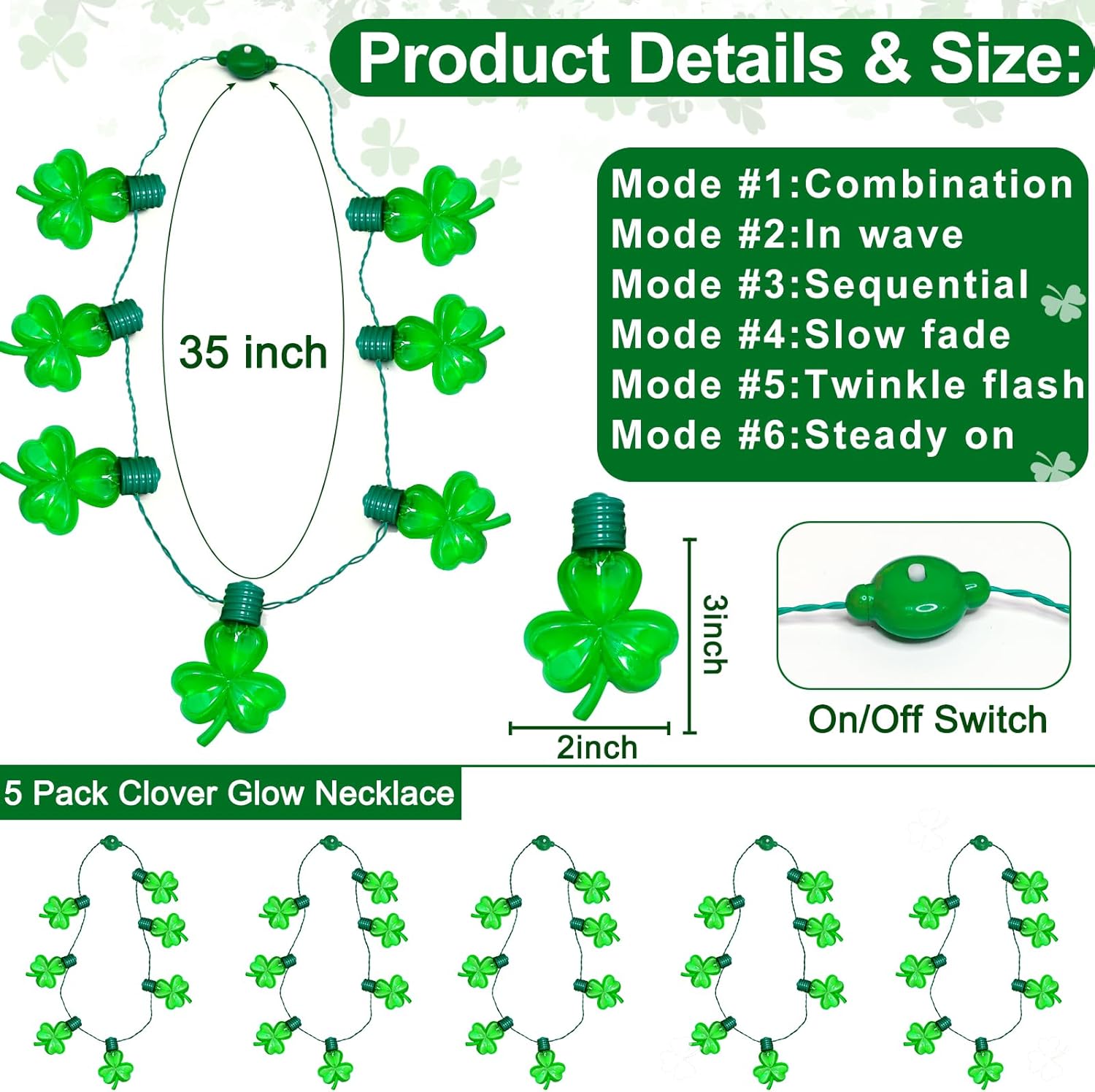 iGeeKid 5 Pack St. Patrick's Light Up Necklace Each 7 Shamrocks Bulb Light LED Green Shamrocks Necklaces St. Patrick's Day Party Favors Accessories