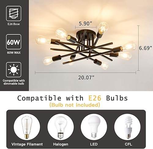 Miniatura 3 de ASGYISA Lámpara de Techo Semiempotrada de 8 Luces, Candelabro Sputnik de Metal Vintage Moderno Negro, Lámpara de Techo para Dormitorio Cocina