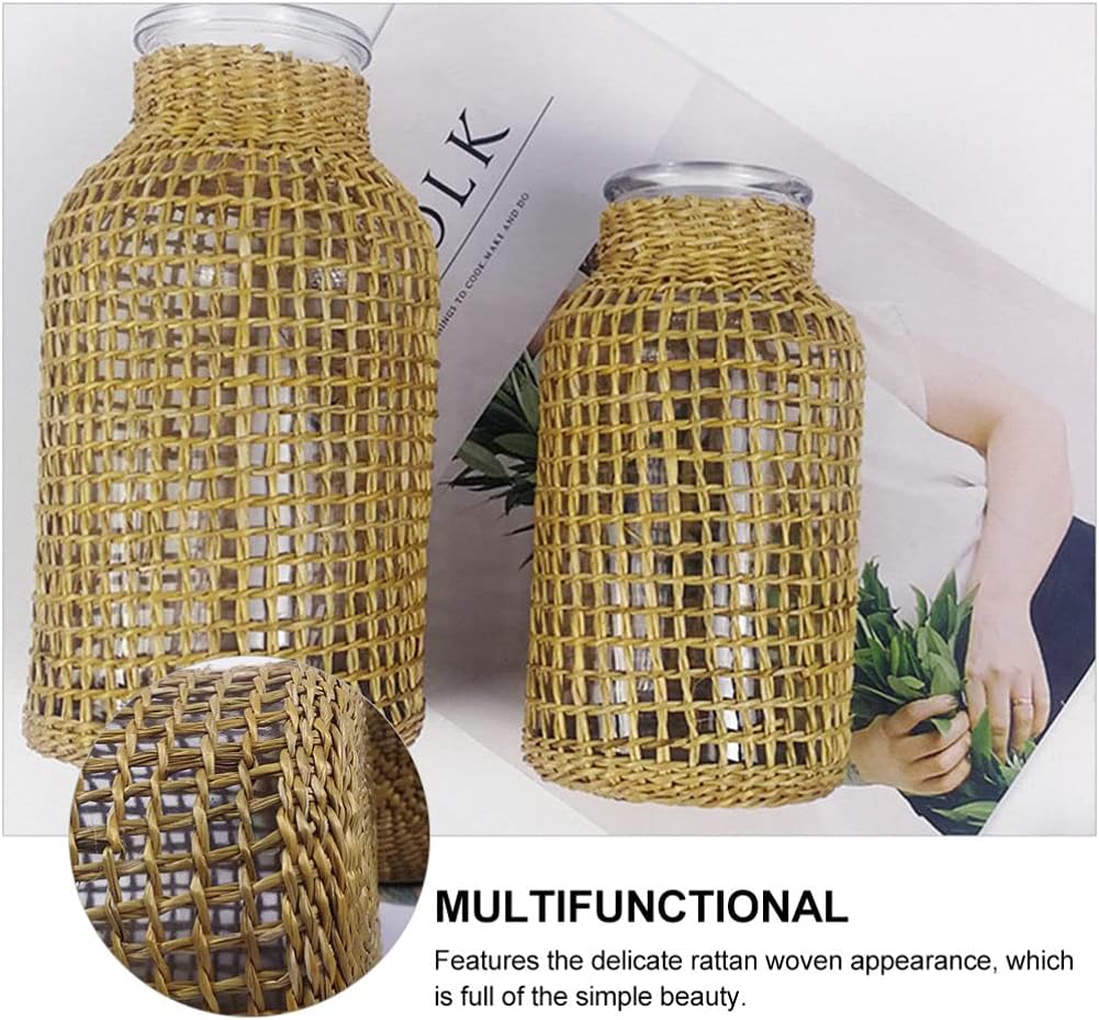 VORCOOL Rattan Woven Vase Rustic Country Style Flower Basket Glass Pot Seagrass Woven Floor Standing Vase for Home Flower Arrangement Table Centerpiece