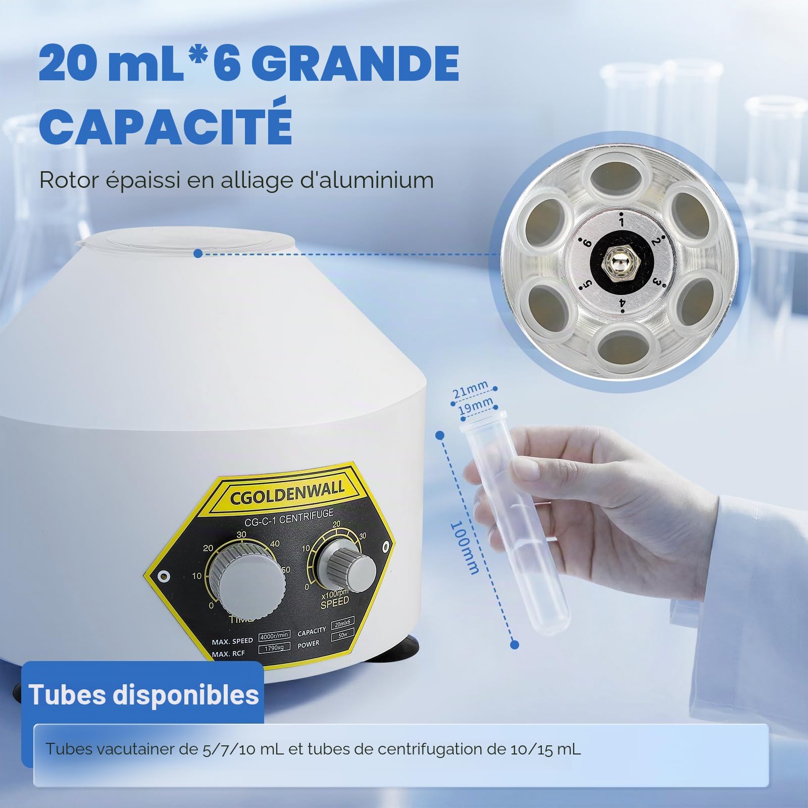 CGOLDENWALL Centrifugeuse de Laboratoire avec Tubes de 6*20ml, Max.Vitesse 4000 tr/min, Minuterie de 0-60mins, Max.RCF de 1790xg, pour La Séparation des Échantillons, Tubes de 5/7/10/15ml Disponibles