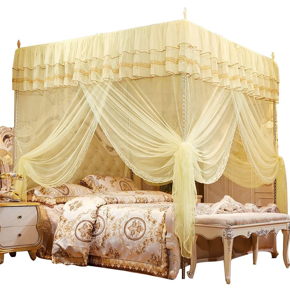 Mosquito Net,Luxury Princess Three Side Openings Post Bed Curtain Canopy Netting Mosquito Net Bedding, Four Corner Mosquito Net (Ivory)