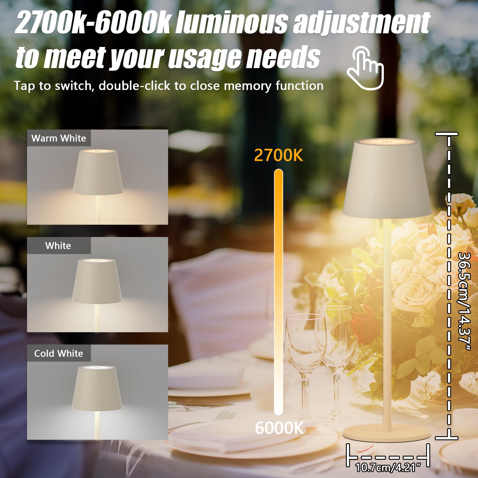 Aipsun 2 Stück Dimmbare led akku tischleuchte Beige mit 6000mAh | 5V 2A Wiederaufladbar Warmweiß(2700k-6000k) ,Aluminium,IP54 wasserdicht für Restaurant, Schlafzimmer, Bar, Camping