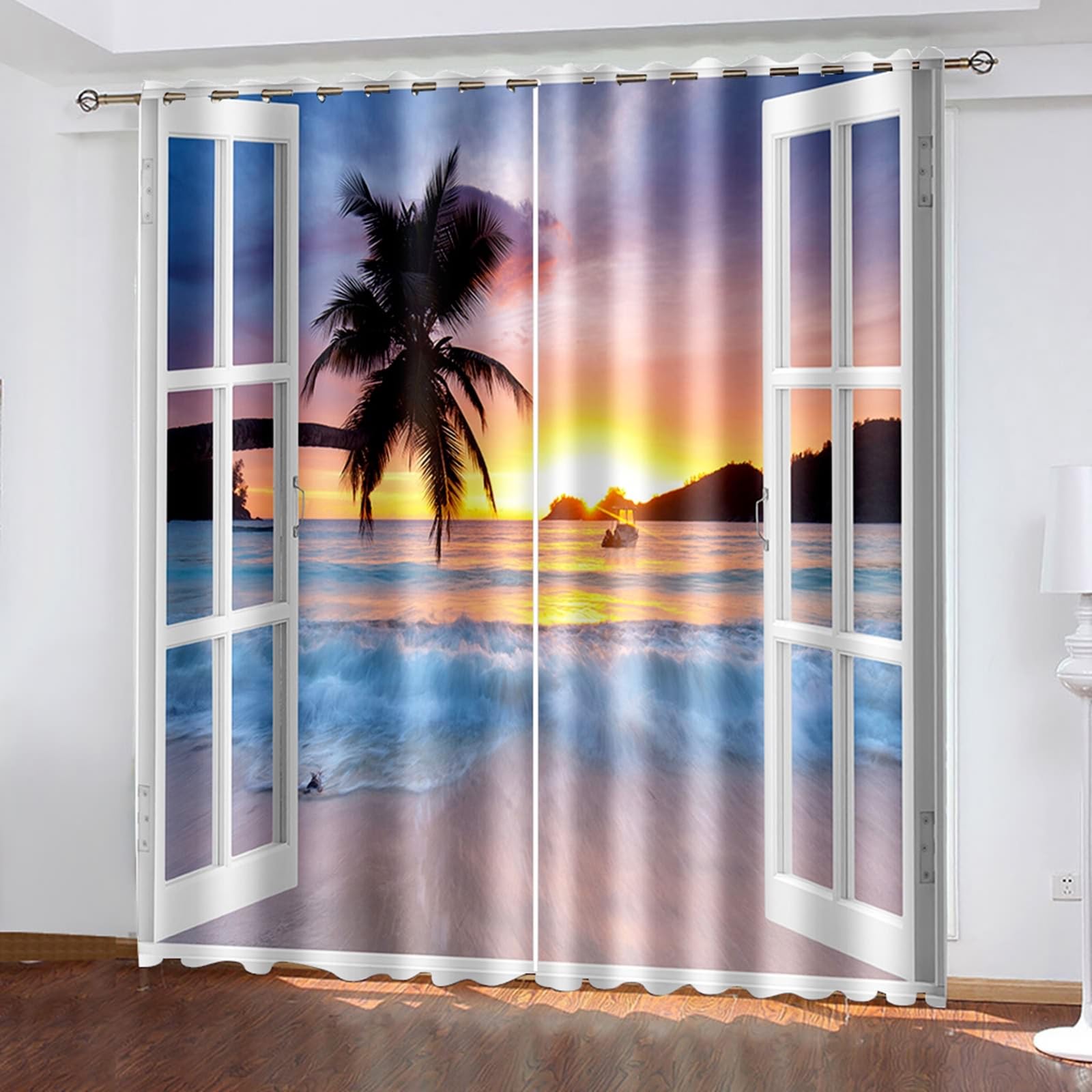 Rideaux Chambre Adulte, Vue de la fenêtre sur la mer au Coucher du Soleil Rideaux à Oeillets pour Salon/Chambre à Coucher, Multicolore, 132x244cm